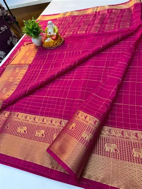 Mysore Crepe Silk Saree with Checks Pattern And Elephant Border